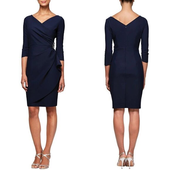 NWT Alex Evenings 3/4 Sleeve Compression Surplice Sheath Beaded Detail Dress - Picture 1 of 5